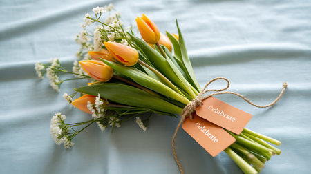 Bouquet of tulips on the bed with a label.の素材