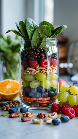 Healthy fruit salad in a jar with nuts, fruits and berriesの素材