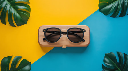 top view of wooden sunglasses and tropical leaves on blue and yellow backgroundの素材