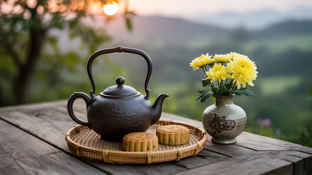 teapot and cup with chrysanthemum flower on wooden tableの素材
