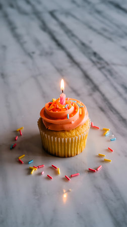 Cupcake with buttercream frosting and colorful sprinkles on topの素材