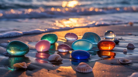 Colorful glass pebbles on the seashore at sunsetの素材