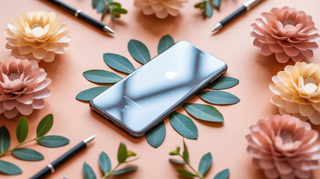 Smartphone with blank screen mockup with paper flowers and eucalyptus leavesの素材