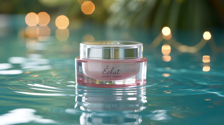 Cosmetic branding, toiletries and spf concept - Face cream moisturizer jar on water, moisturizing skin care lotion and lifting emulsionの素材