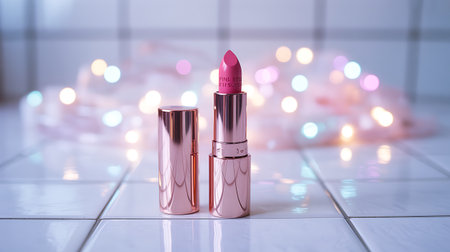 Lipsticks on white background with bokeh lights in the backgroundの素材