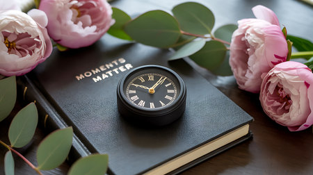 Black clock on the book with a bouquet of pink tulipsの素材