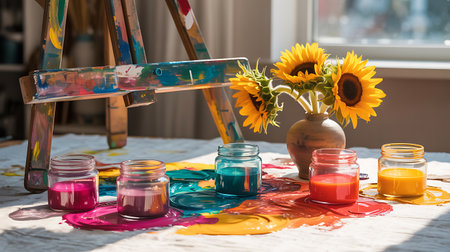 Painting with oil paints and sunflowers on a white tableの素材