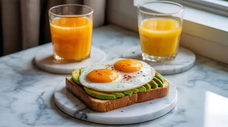 Healthy breakfast with toast with avocado and fried egg on white marble tableの素材