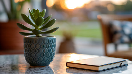 Succulent plant in a pot with a book on the tableの素材