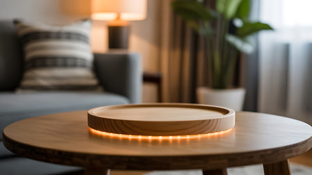 Wooden round table in the living room with a lamp in the backgroundの素材