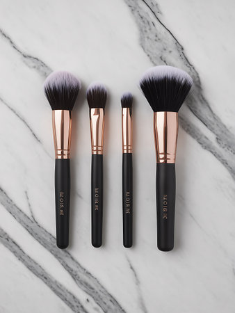 Makeup brushes on white marble background. Top view, flat layの素材