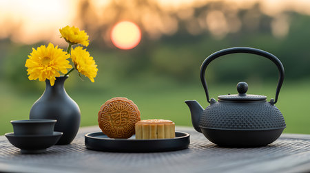 Moon cake and chinese tea set with chrysanthemumの素材