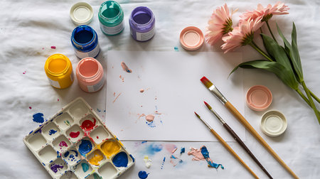 Paints, brushes and flowers on a white sheet of paper.の素材