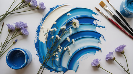 Paint brushes, blue palette and flowers on a white background.の素材