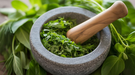 Mortar and pestle with fresh green basil on wooden tableの素材