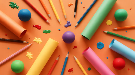 Colorful crayons and paints on orange background, top viewの素材