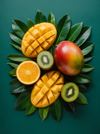 mango fruits and kiwi on green background, top viewの素材