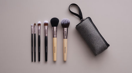Makeup brushes and cosmetic bag on a gray background. Top viewの素材