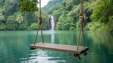 Wooden swing hanging on the rope in the lake with waterfall backgroundの素材
