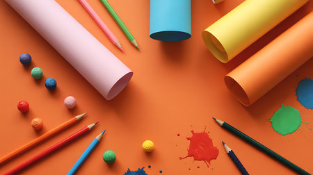 Colorful crayons, pencils and paper rolls on orange backgroundの素材