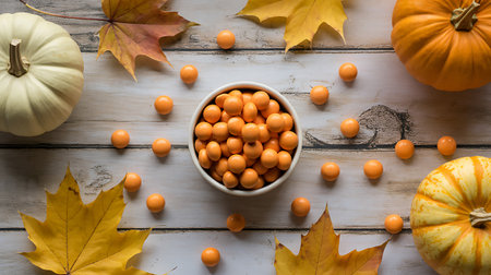 Autumn still life with pumpkins and leaves on white wooden backgroundの素材