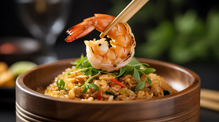 Asian cuisine. Fried rice with prawns in a wooden bowlの素材