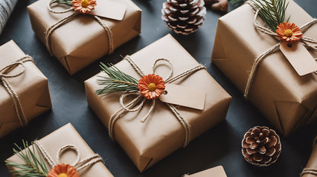 top view of christmas gift boxes with kraft paper on black backgroundの素材