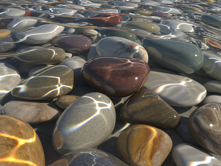pebbles on the sea shore under the blue sky in summerの素材