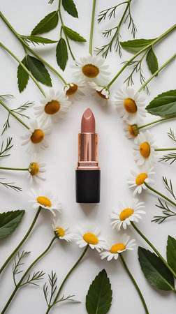 Cosmetic branding, glamour lip gloss and camomile flowers frame concept - Luxury lipstick and camomile flowers on white background, make-up and cosmetics flatlay for beauty brand product designの素材