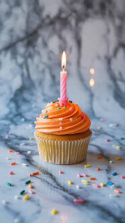 Birthday cupcake with buttercream frosting and colorful sprinklesの素材