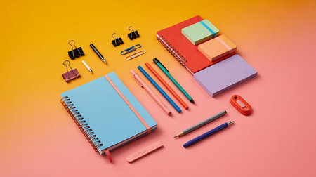 School and office supplies on colorful background. Back to school concept.の素材