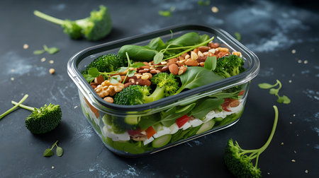 Green salad with feta cheese and pine nuts in plastic container on dark backgroundの素材