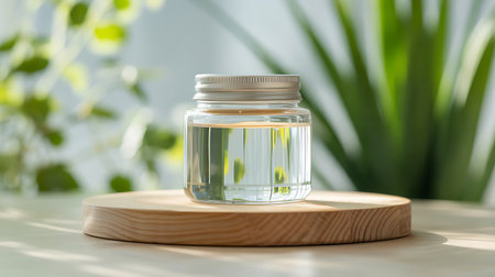 Glass jar with cosmetic product on table, closeup. Beauty treatmentの素材