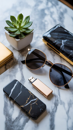 External hard drive and sunglassesle table, modern technology and accessoryの素材