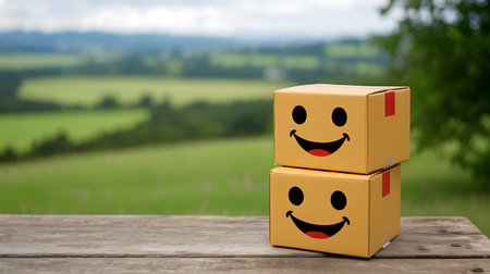 Smiley boxes on a wooden table in front of a countryside landscapeの素材