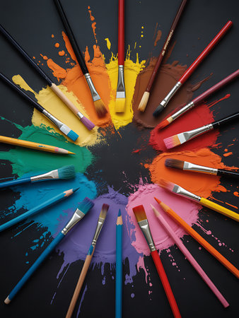 Paint brushes and colorful paint splashes on a black background.の素材