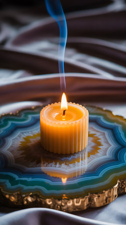 Burning wax candle on a blue plate on a white tableclothの素材