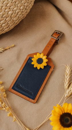 Leather belt with sunflower and ears of wheat on beige backgroundの素材