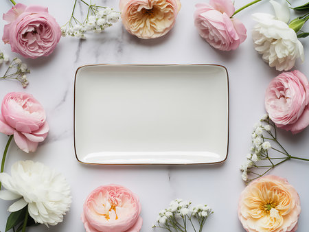 Beautiful flowers and empty plate on white marble background, flat layの素材