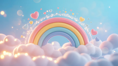 Rainbow in the clouds with hearts. 3d render illustration.の素材