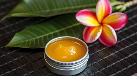 Close up of jar of moisturizing face cream with tropical flower on bamboo matの素材