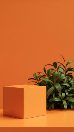 3d rendering of minimal geometric forms. Glossy orange podium for product presentation.の素材