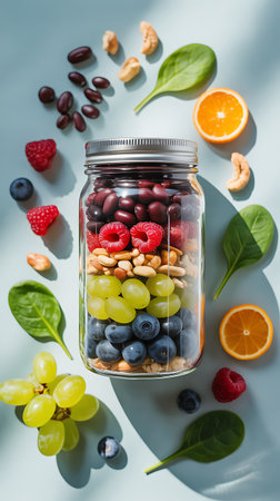 Healthy breakfast in a jar with fruits and berries on blue backgroundの素材