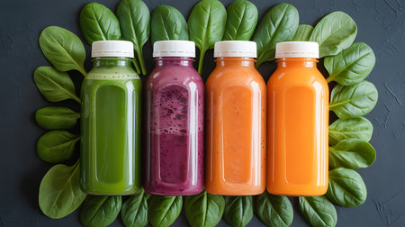 Bottles with different smoothies and fresh spinach leaves on dark backgroundの素材
