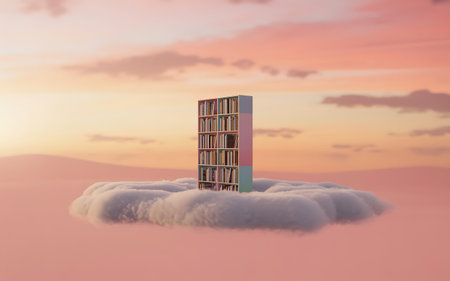 3D render of a building in the clouds at sunset time.の素材