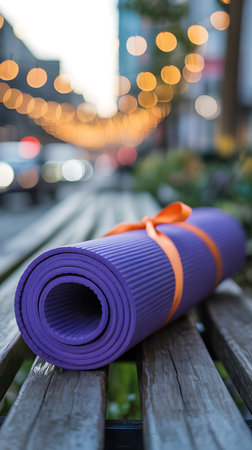 Yoga mat on a bench in the city. Selective focus.の素材