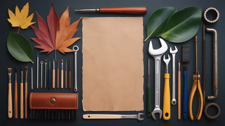 Leaf, tools and paper on dark background. Top view.の素材