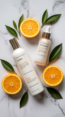 Citrus cosmetic products with fresh oranges and leavesle backgroundの素材