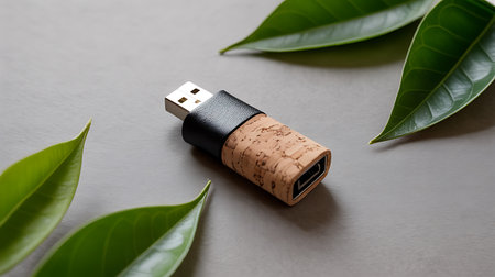 Usb flash drive with green leaves on grey background, closeupの素材