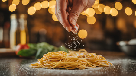 Woman sprinkling salt on delicious pasta on table in kitchen, closeupの素材